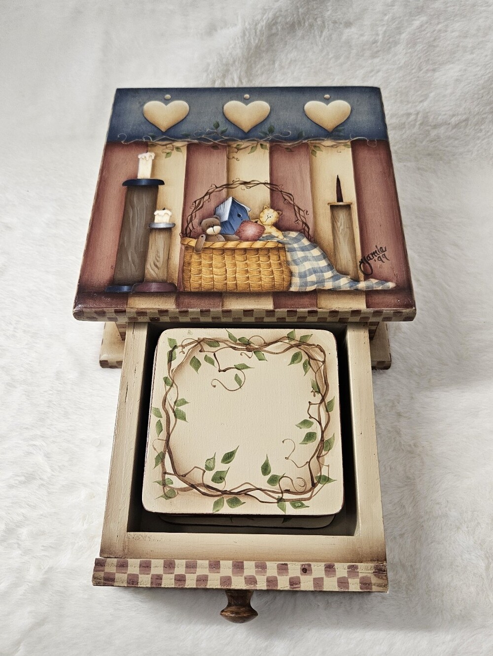 Vintage Hand Painted Wooden Cottagecore Country Coaster Box Set